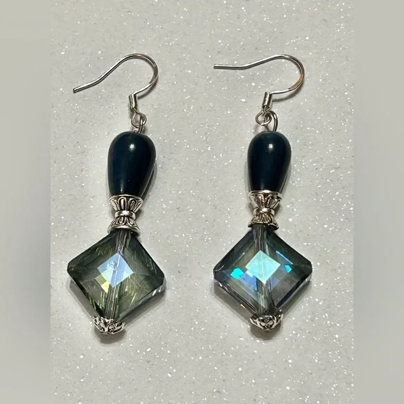 Elegant Silver and Iridescent Blue Dangle Earrings - Picture 7 of 11